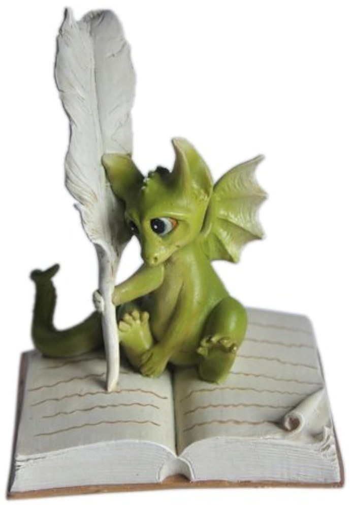 Enchanted Story Fairy Garden Dragon Writing Outdoor Statue, Green, White