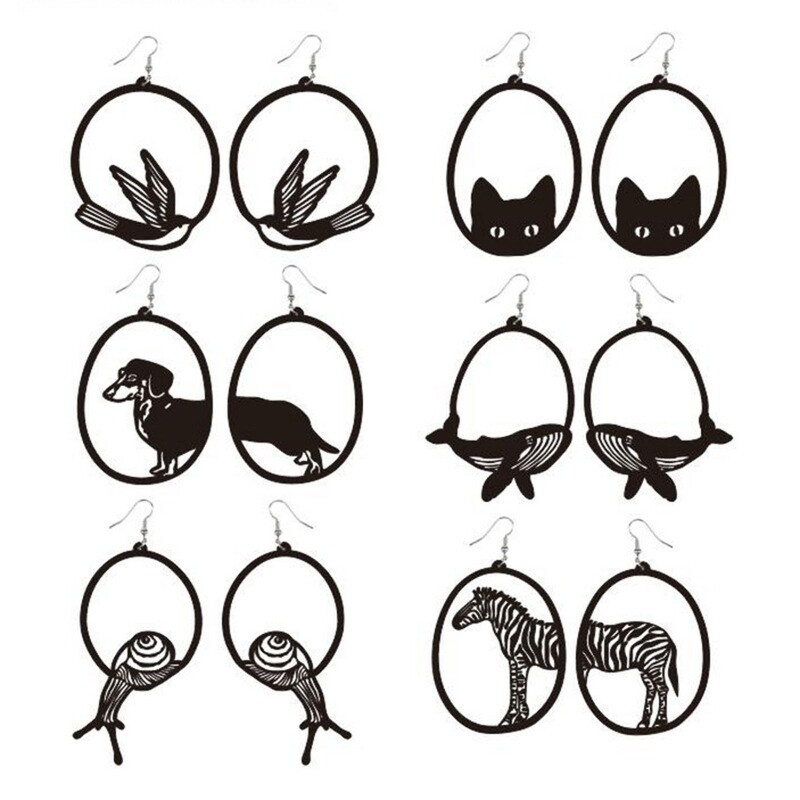 Trendy Black Round with Animal Zebra Asymmetric Pendant Acrylic Dangle Earrings