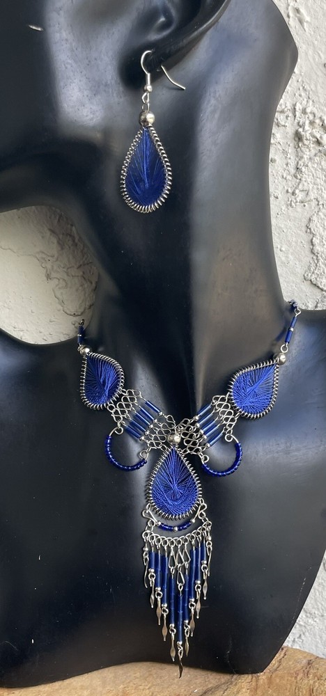 ダークブルー ドリームキャッチャー シルクスレッド ネックレスイヤリングセット ペルー アルパカ シルバー