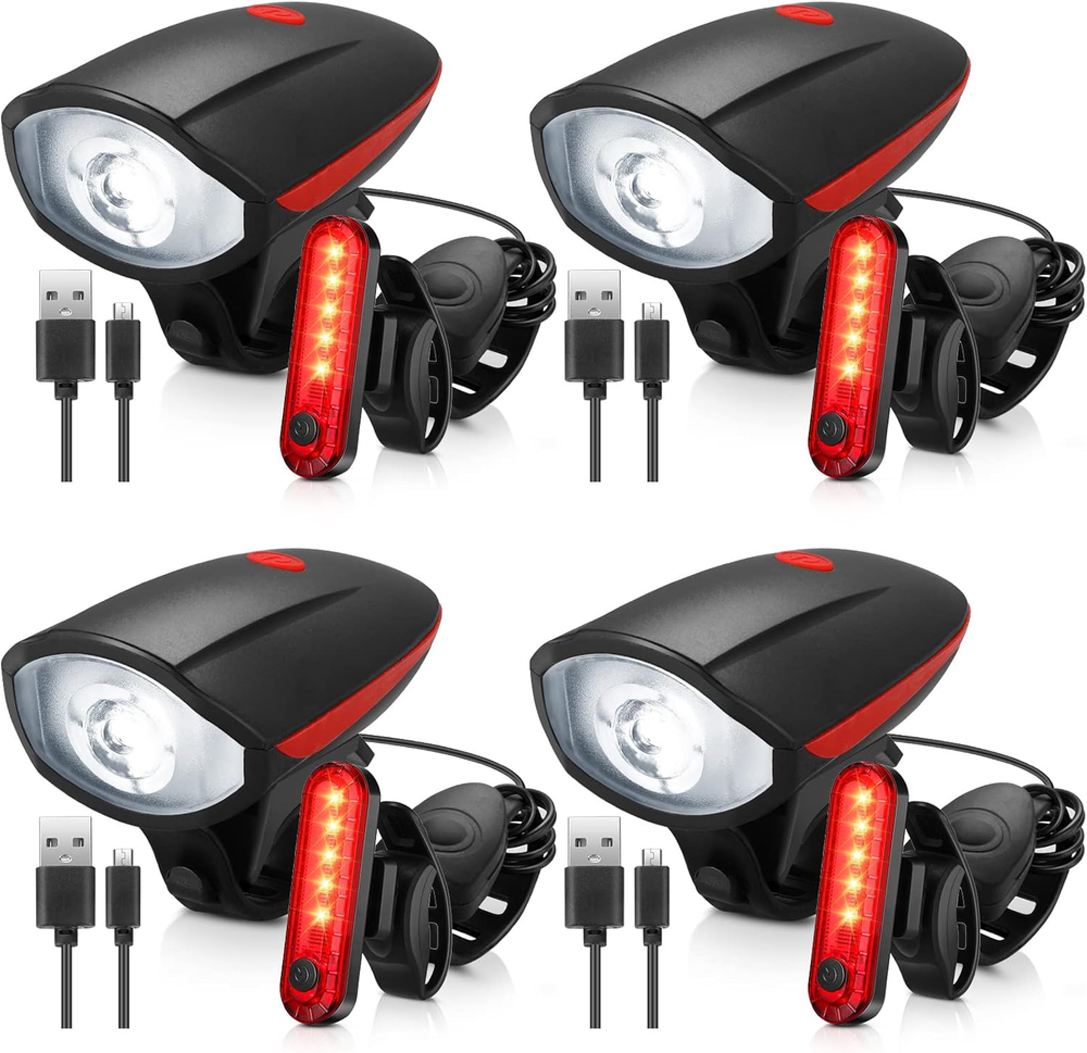 4 Sets USB Rechargeable Bright LED Bike Lights Front Headlight and Rear Safety Light
