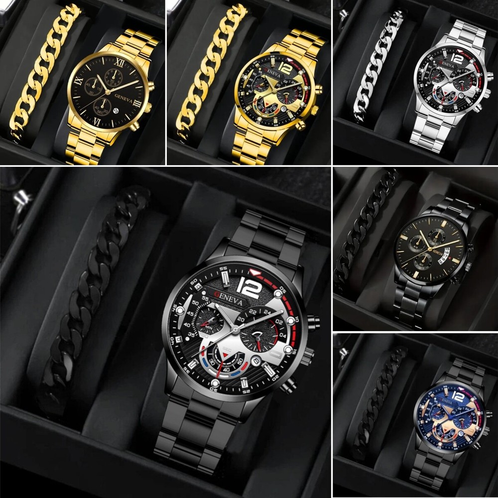 2pcs Men's New Popular Steel Strip Fashion Business Three Eye Quartz Watch Brace
