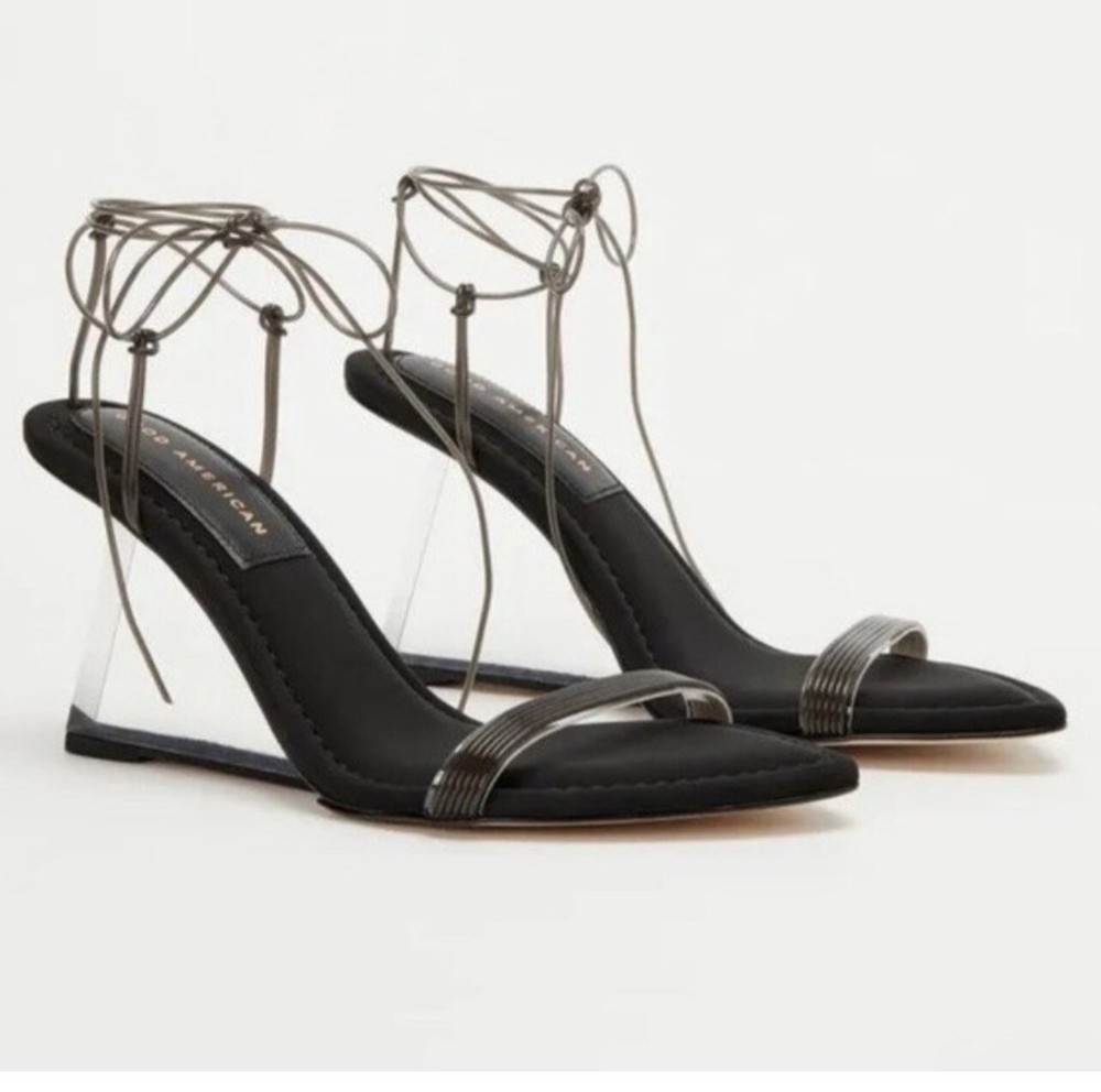 Good American Womens Size 9 Black Ankle Strap Clear Wedge Sandal