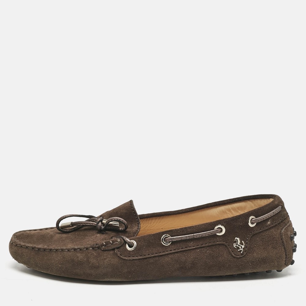 Tods for Ferrari Brown Suede Bow Slip On Loafers Size 395