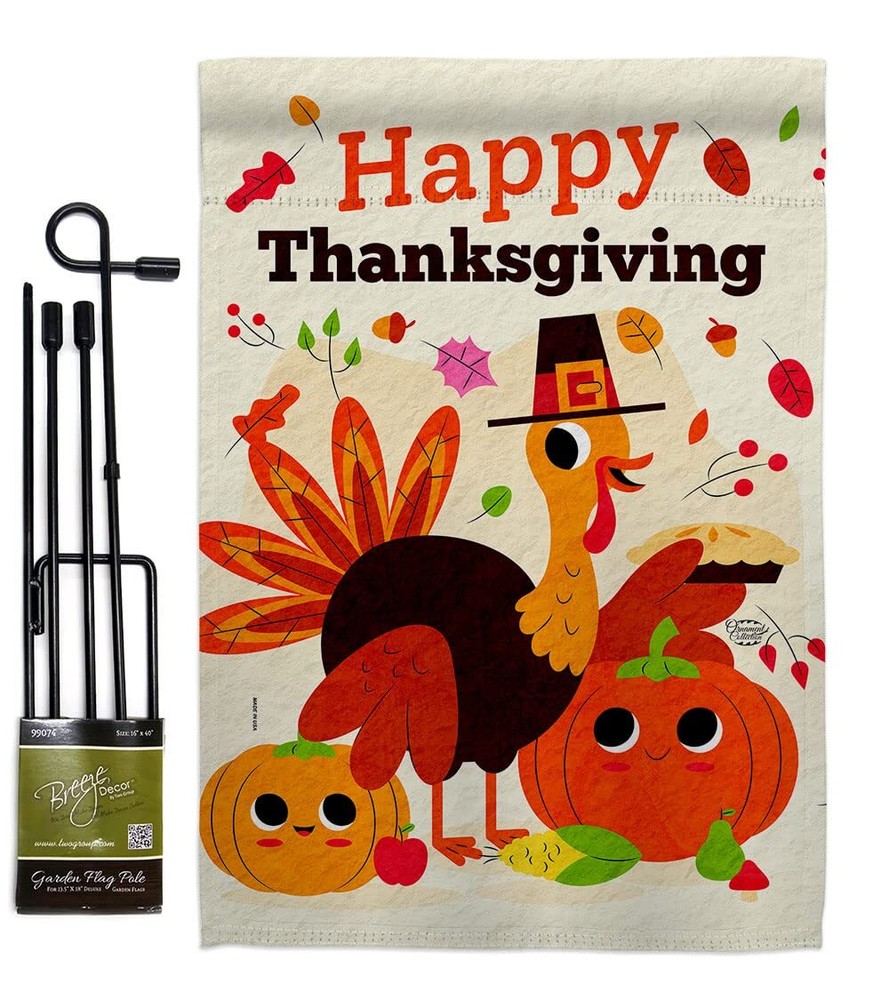 Give Thanks Turkey Garden Flag Set with Stand for Fall and Thanksgiving Decor