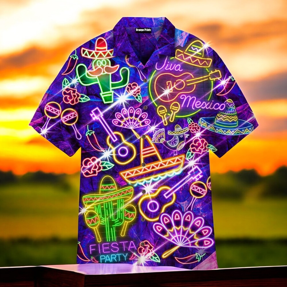 Colorful Mexican Neon Hawaiian Shirt for Summer Beach in Sizes S to 5XL