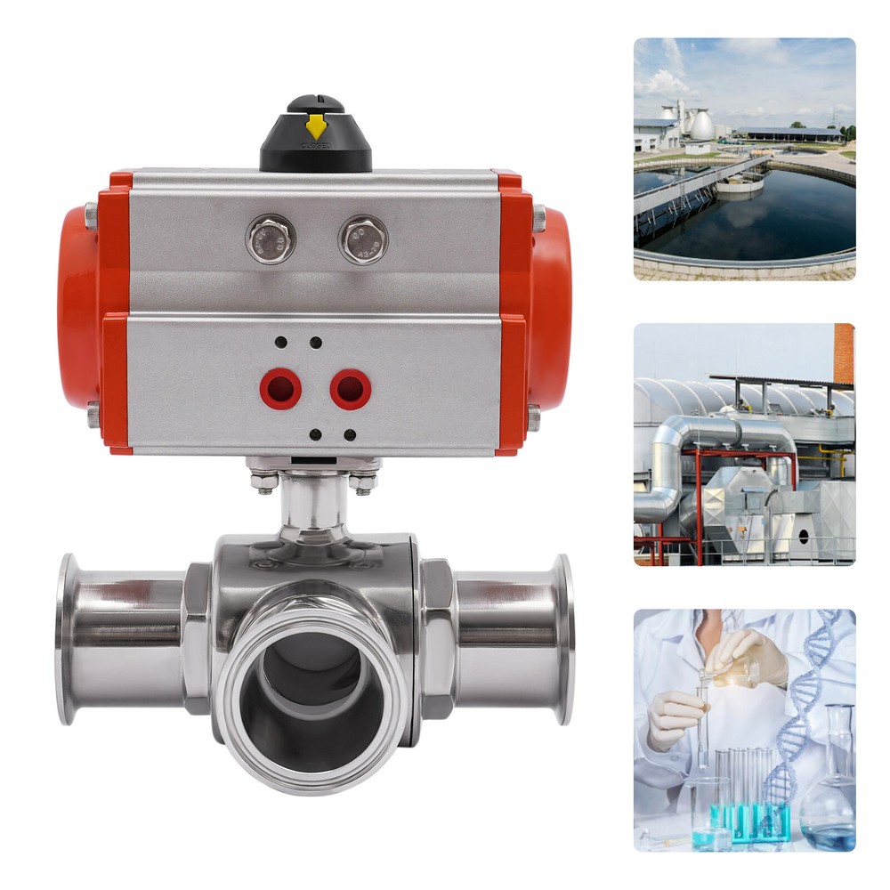 2Inch 3-Way T-Type Sanitary Pneumatic Ball Valve Tri-Clamp Quick Ferrule New