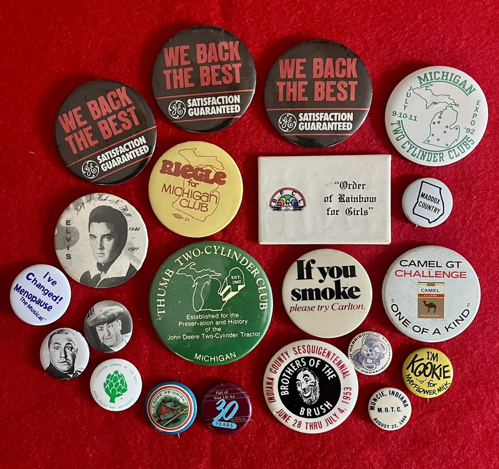 Lot of 21 Advertising Entertainment Pin Back Buttons Mirror Elvis Cigarettes GE