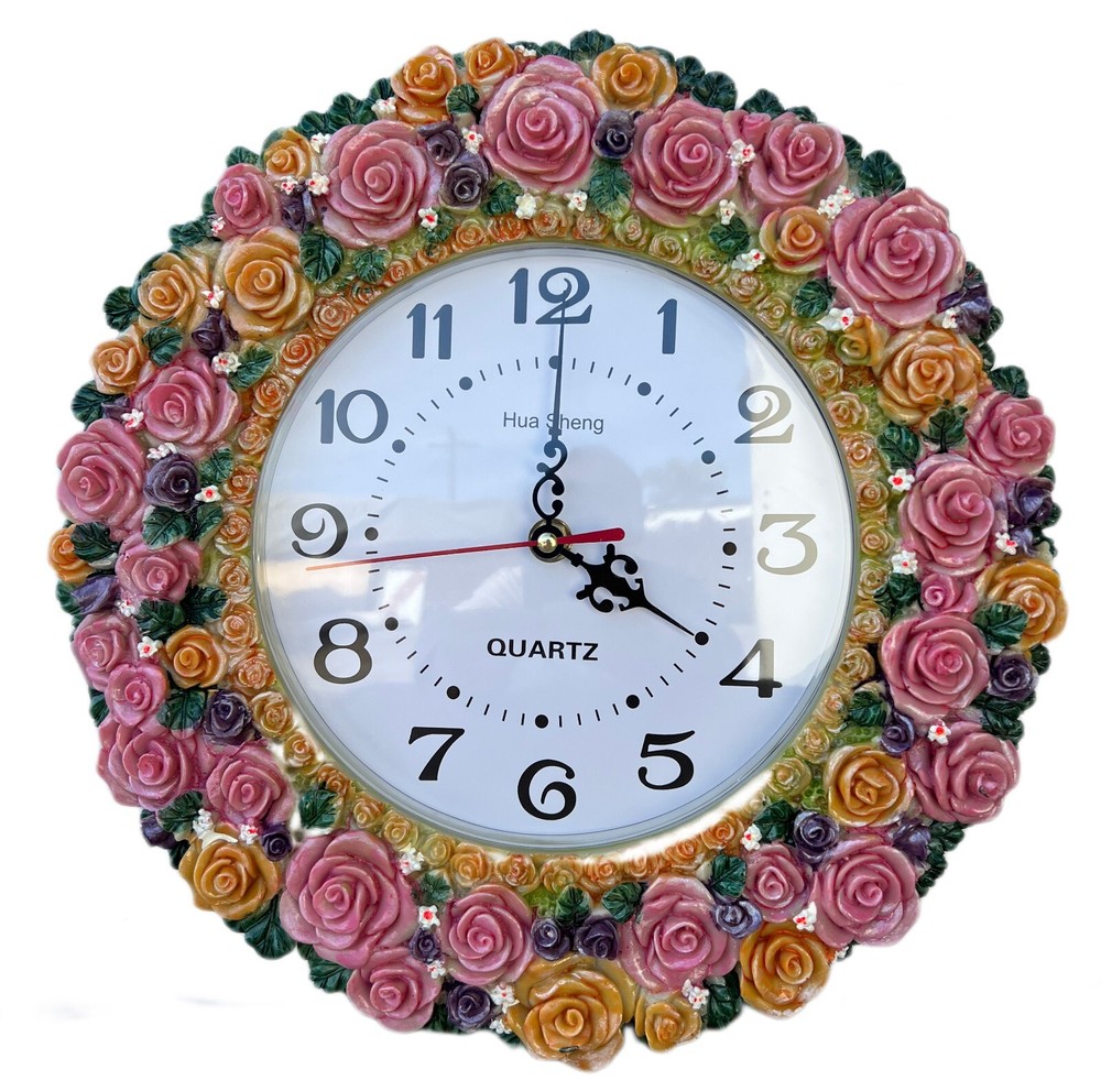Decorative Rose Wall Clock, Round Floral Frame, Quartz Movement, Pink and Orange