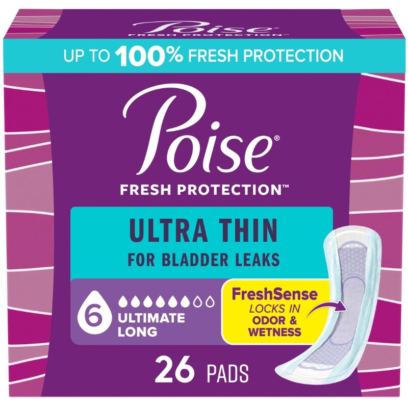 Poise Ultra Thin Incontinence Pads for 6 Drop Absorbency Long Length 26 Count