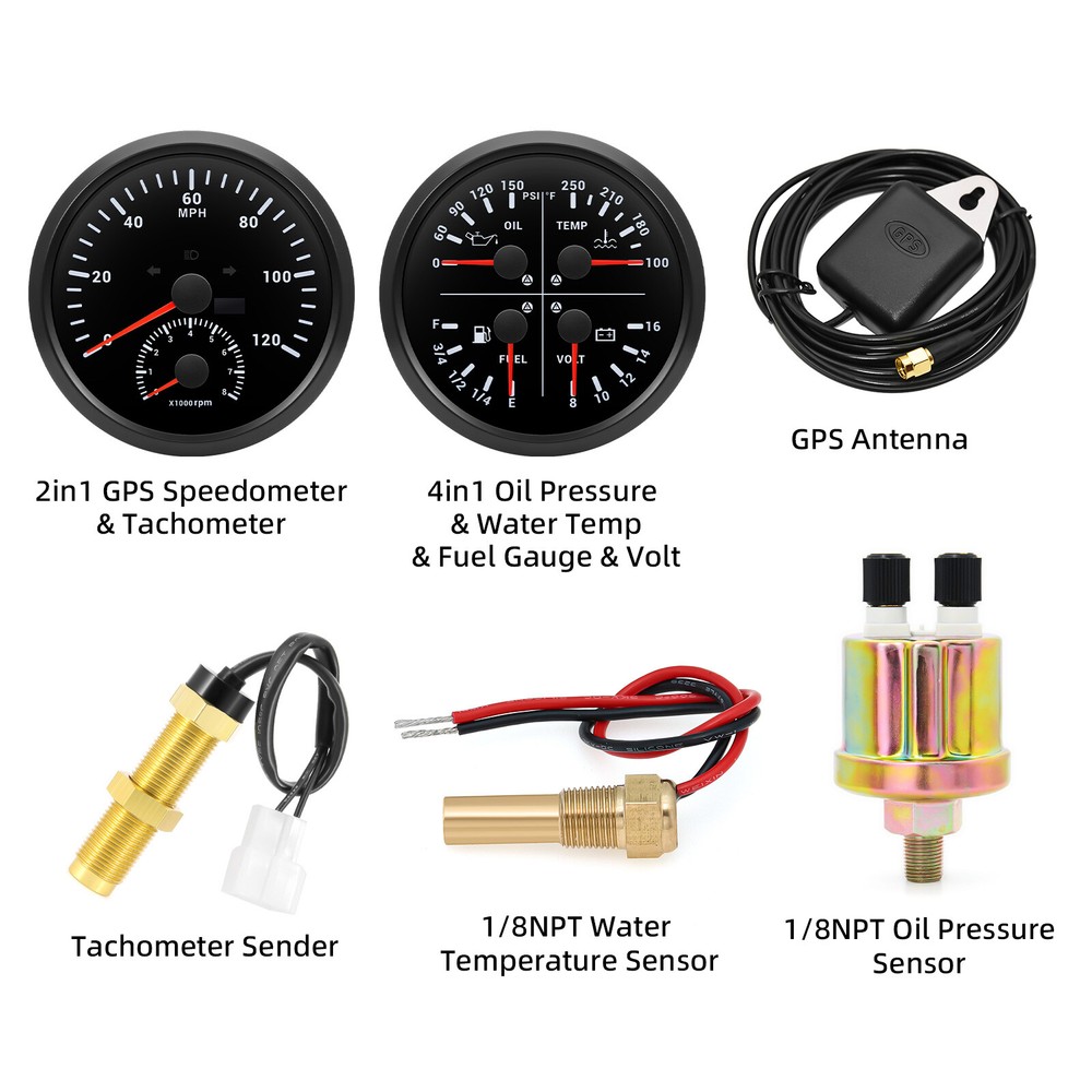 110mm 2-in-1 GPS Speedometer Tachometer 0-120MPH & 4-in-1 Gauge Kit with Senders