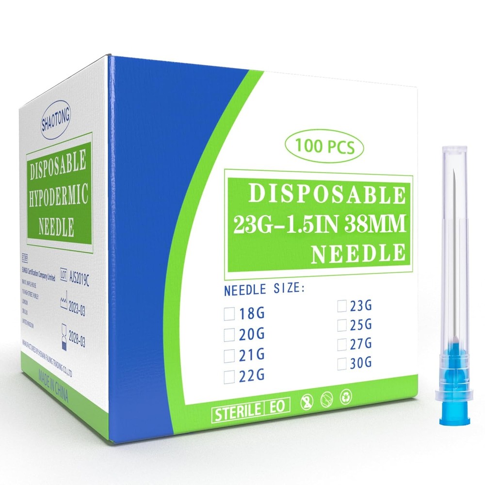 100 Pack 23G 1.5 Inch Disposable Sterile Needles with Protective Caps for Lab Industrial Use