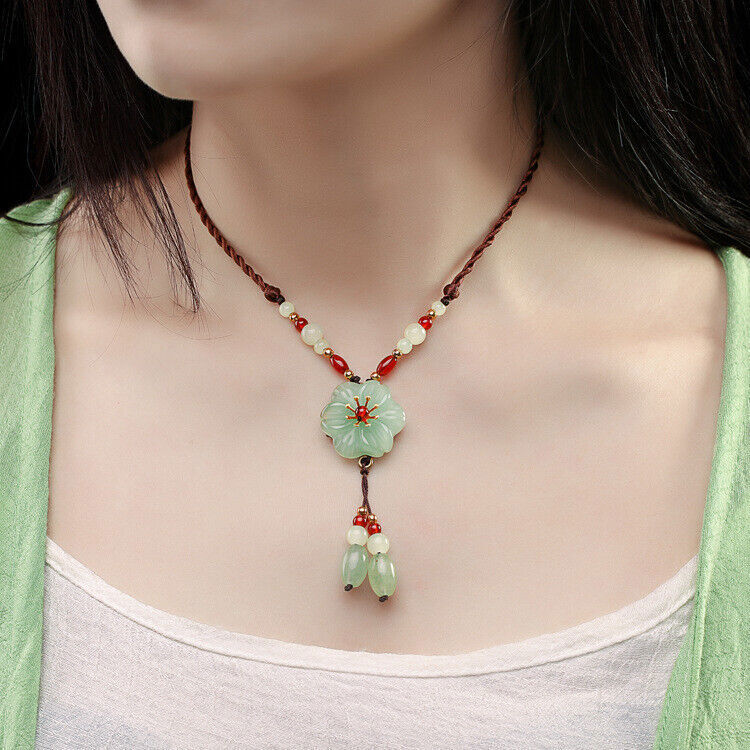 Green Jade Flower Pendant Necklace in 925 Silver with Natural Chalcedony