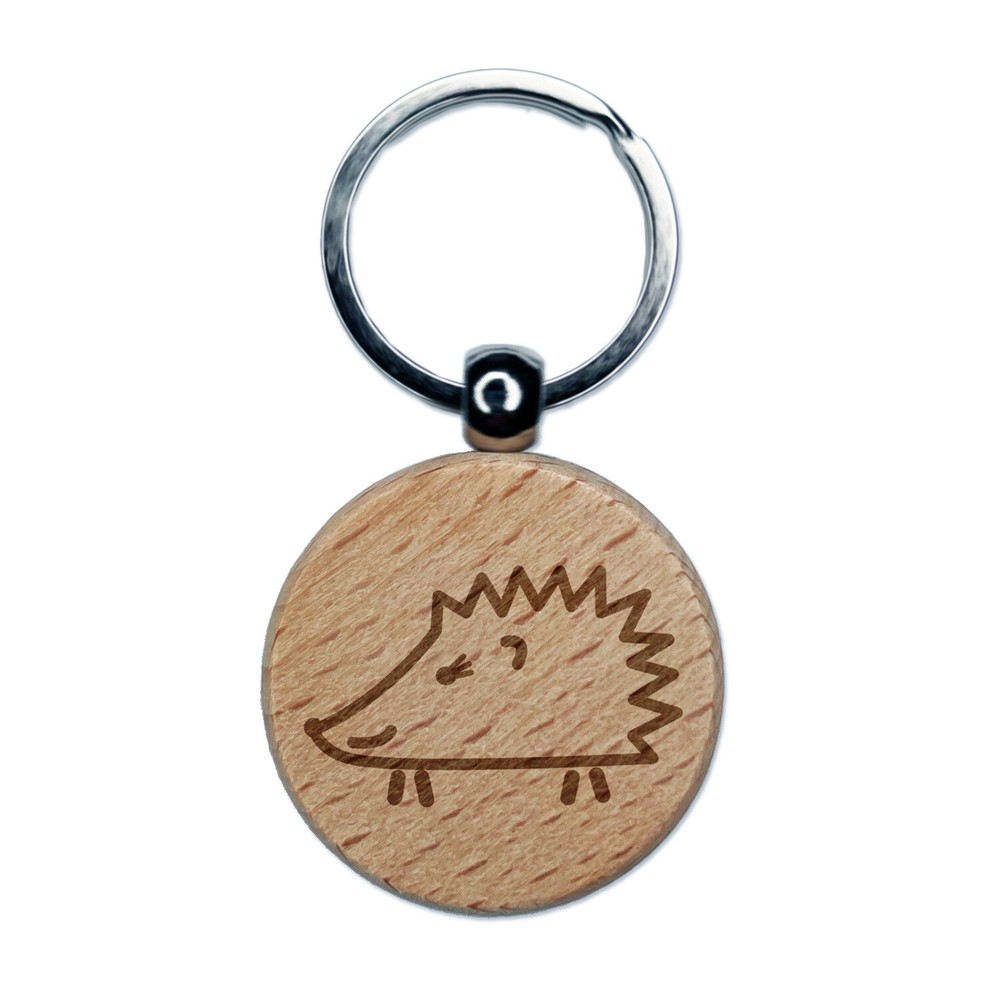 Happy Hedgehog Doodle Engraved Wood Round Keychain Tag Charm