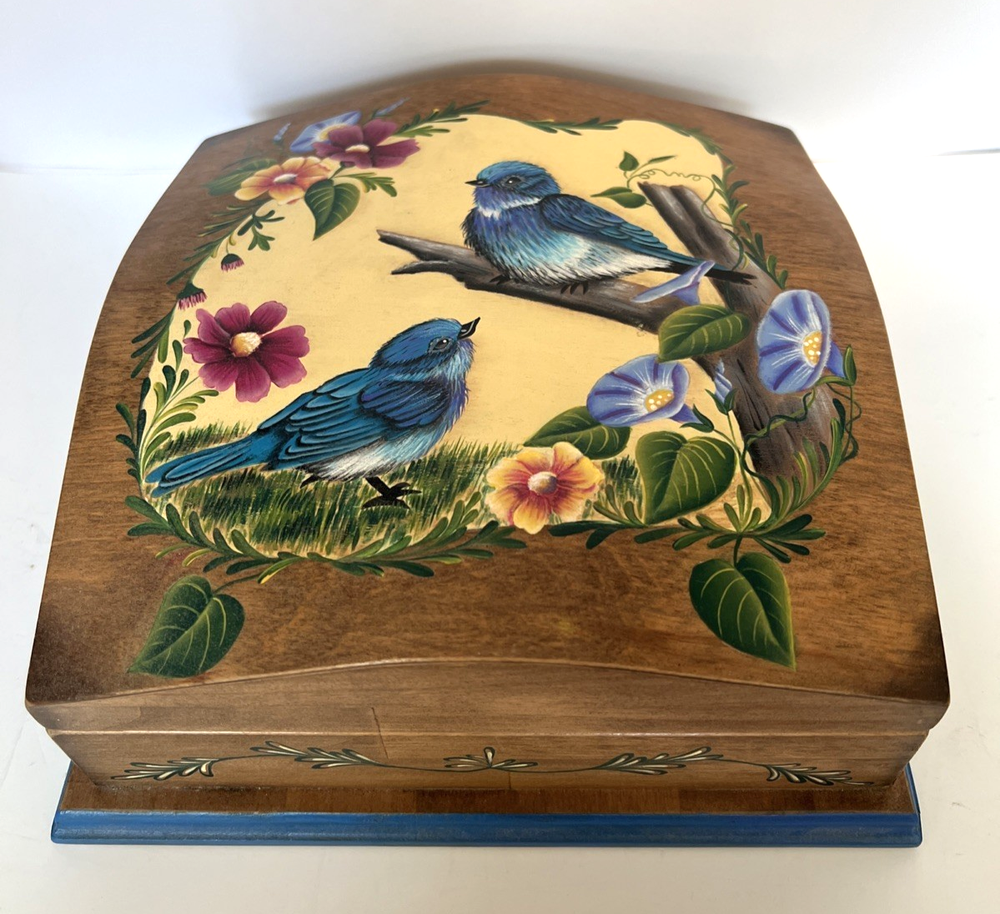 VTG Hand-Painted Wooden Box with Colorful Bird Floral Design 9X9 Hinged Lid