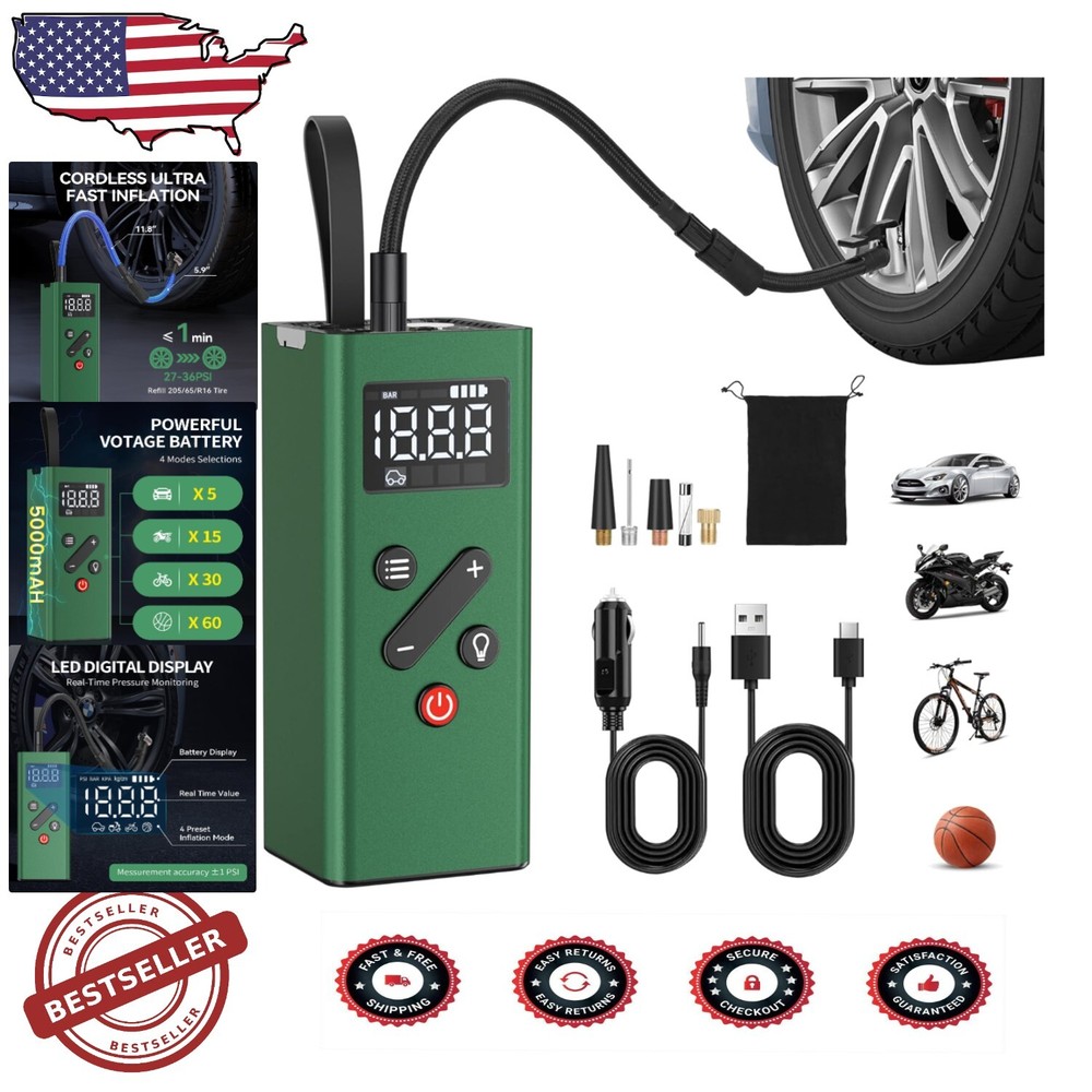 Rechargeable Mini Tire Pump with Digital Display for Cars, Bikes & Sports Gear