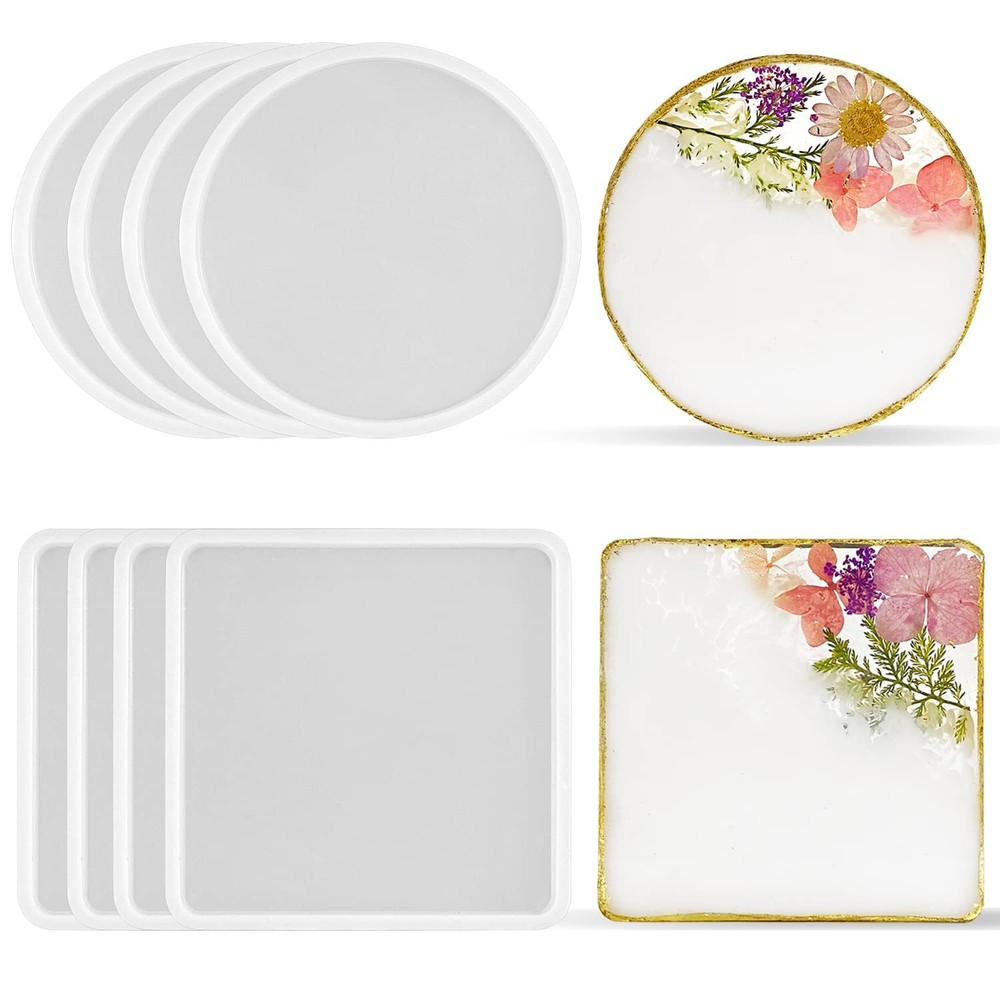 8-Piece Resin Coaster Mold Set with Round and Square Silicone Molds