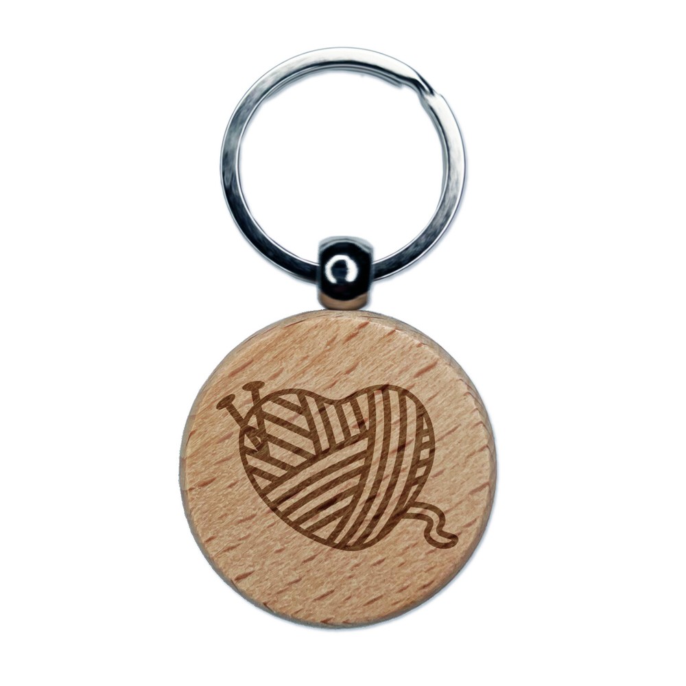 Yarn Heart Knitting Engraved Wood Round Keychain Tag Charm