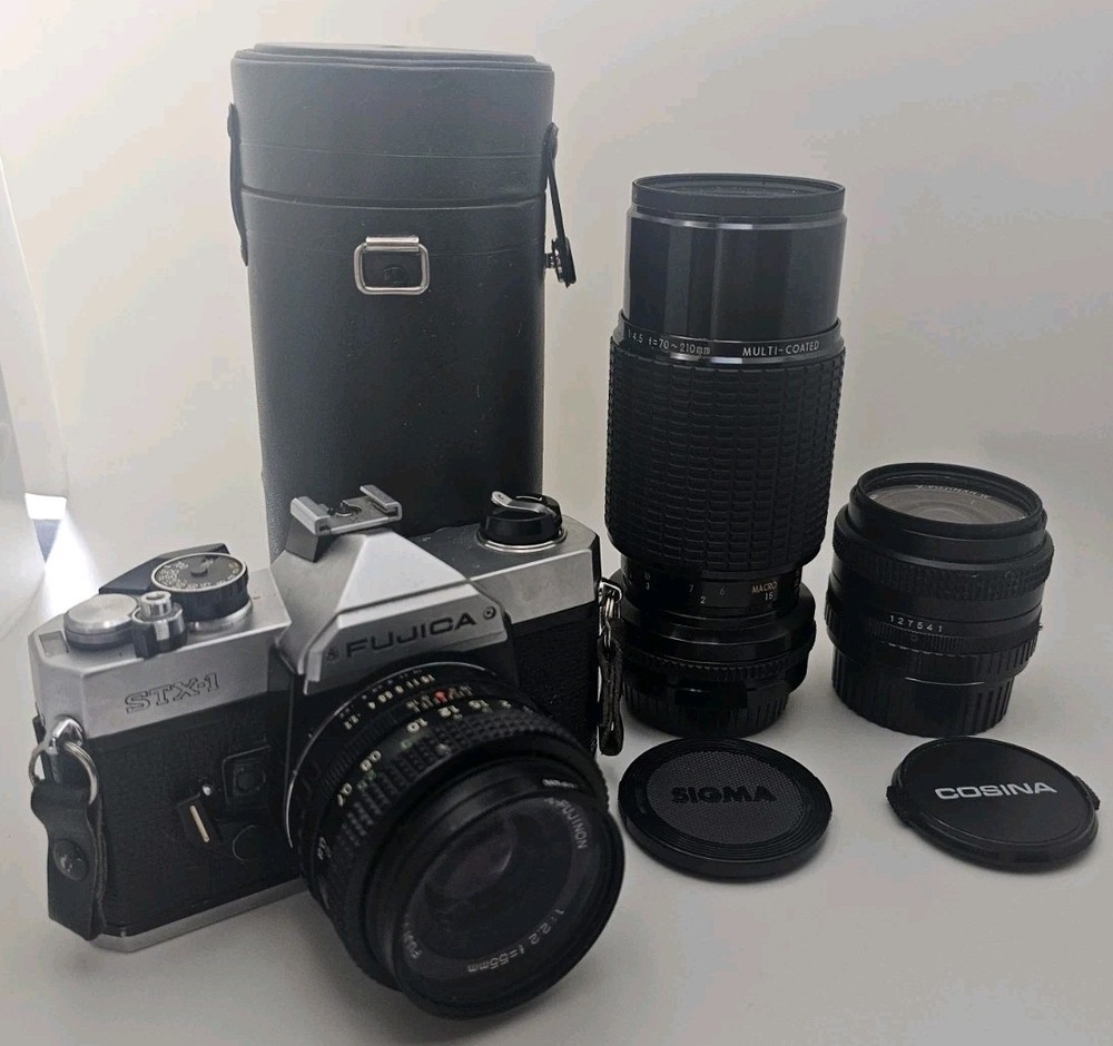 Fujica STX-1n 55mm SLR Film Camera with Sigma 70-210mm & Cosina 28mm Macro Lenses