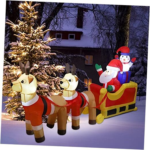 8ft Long Christmas Inflatable with Reindeers, Santa Claus & Snowman on Sleigh