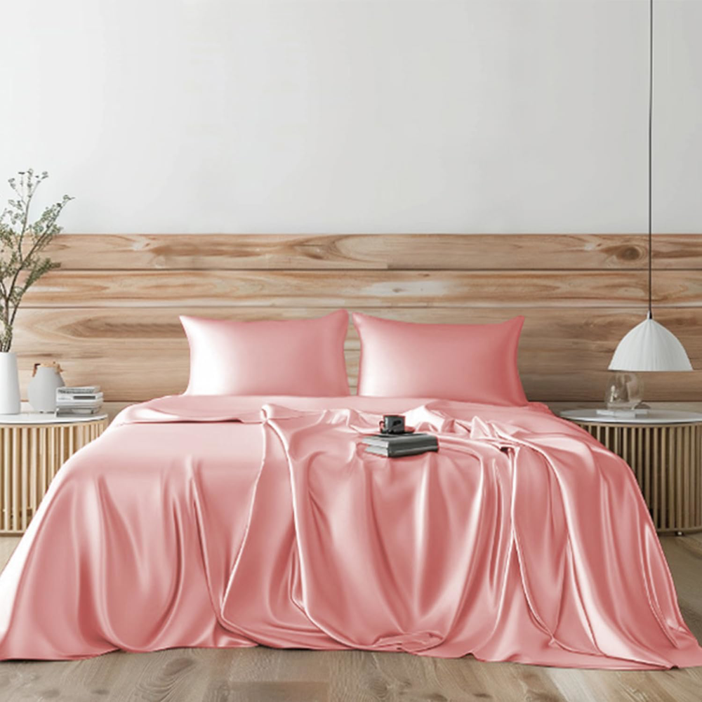 Queen Satin Bed Sheet Set 4 Pcs Blush - Soft & Durable Luxury Bedding