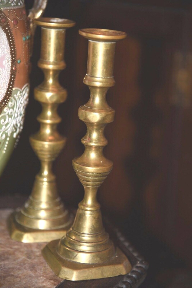 2 Beehive Brass Candlesticks Antique Push Up Victorian 9