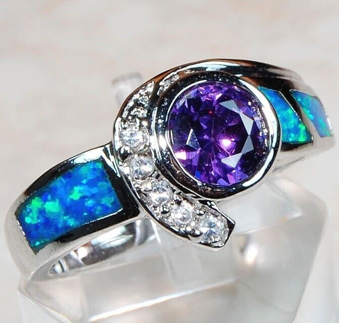 1CT Amethyst and Australian Opal Inlay Sterling Silver Ring Size 6 BA4