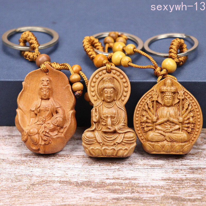 Religion Natural Wood Three-dimensional Engraving Buddha Keychain for Girls Men
