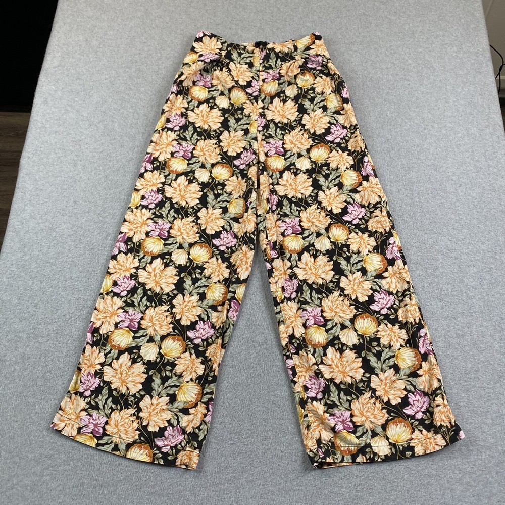 Cotton On Pants Women 6 Linen Blend Floral Wide Leg Baggy Straight Elastic Waist