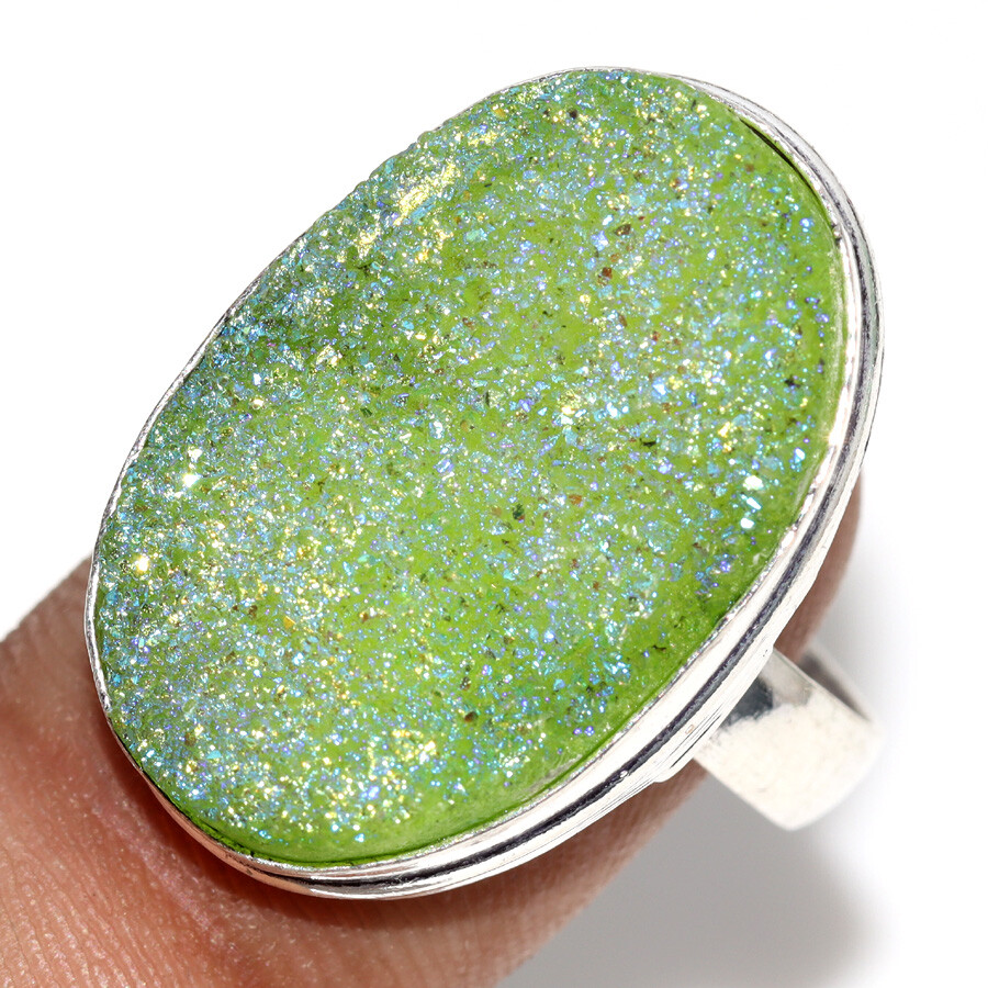 Green Titanium Druzy 925 Silver Plated Gemstone Ring US 10 Chunky Jewelry JW