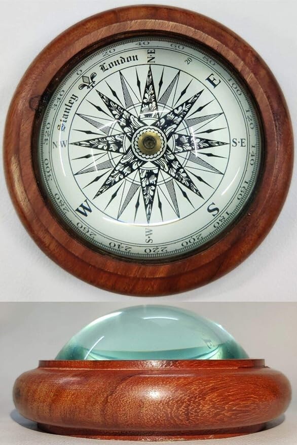 Optical Illusion Desk Paper Weight Compass Wooden Solid Lens Nautical Compass