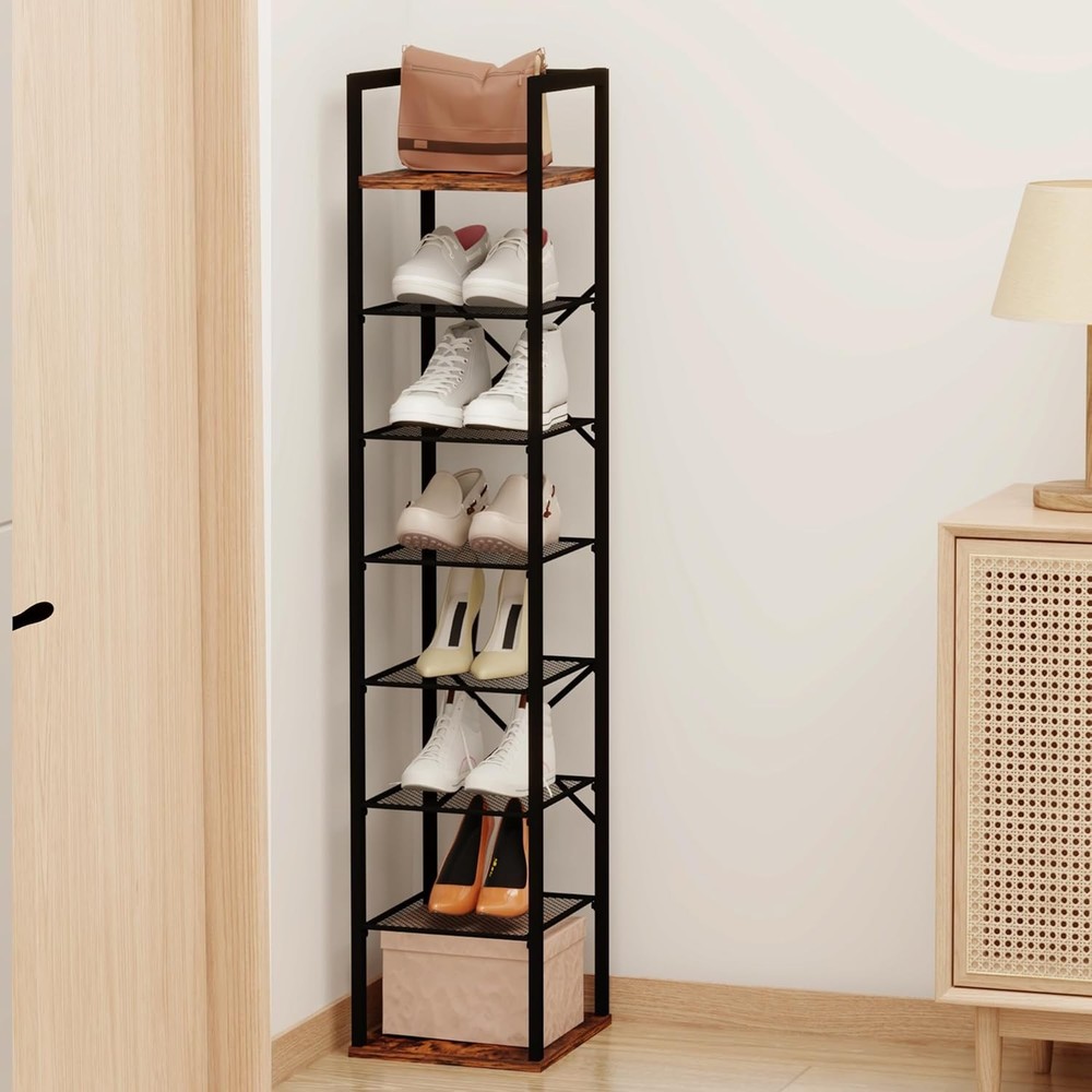 8-Tier Slim Vertical Shoe Rack with Hooks for Space-Saving Corner Storage
