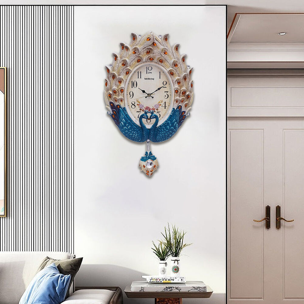 Luxury Large Wall Clock Peacock Wall Watch Living Room Home Decor Retro European