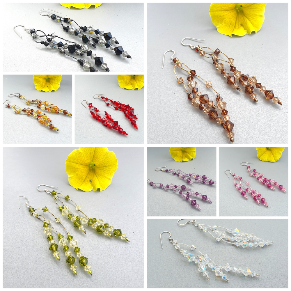Sterling silver Swarovski crystal long earrings with silk thread