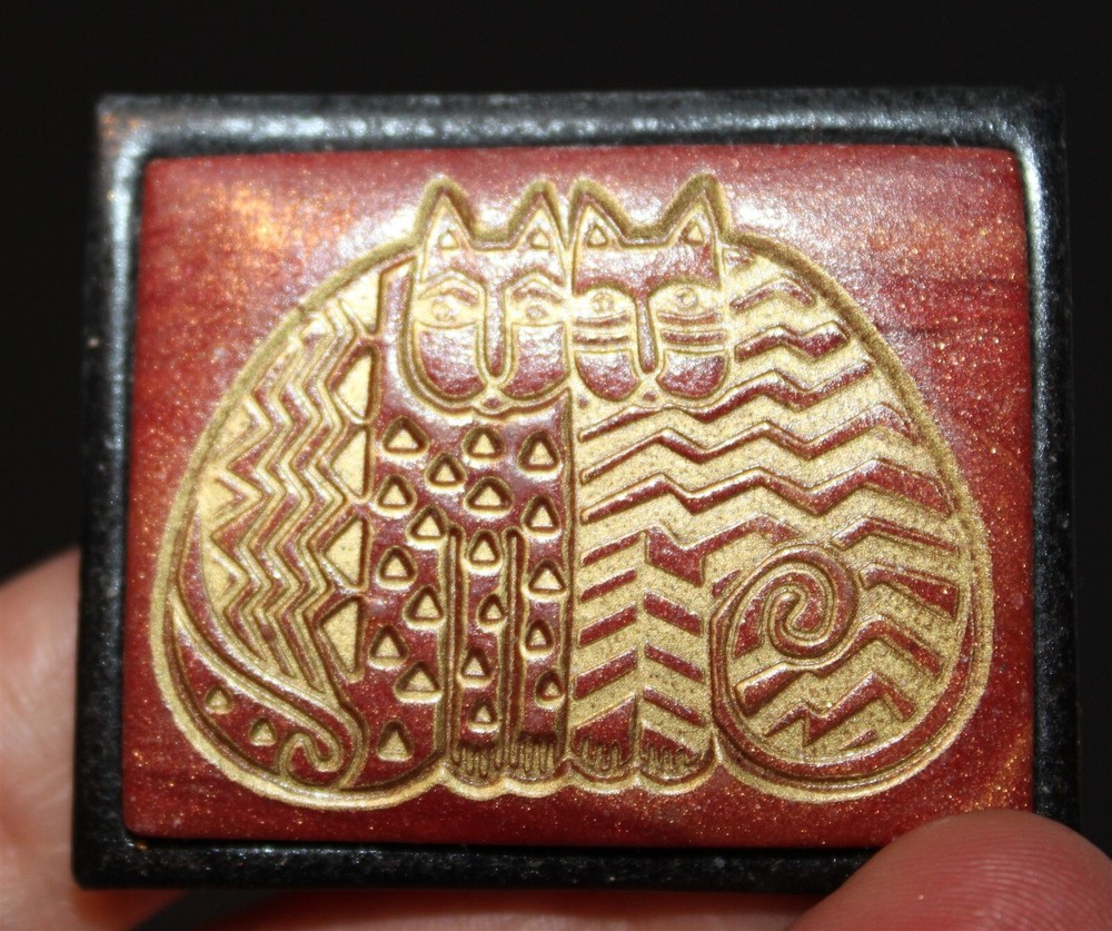 Laurel Burch stamped red leather cats brooch pin Lot# 124