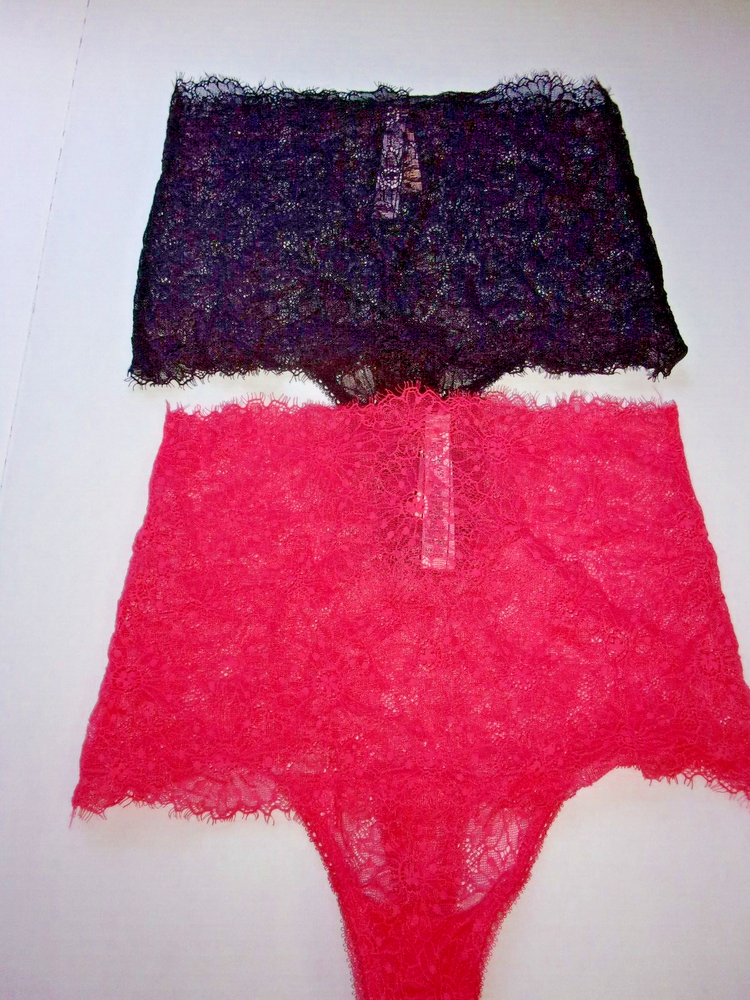 Lot of 2 Victoria's Secret High Waist Daisy Lace Thongs black & coral S