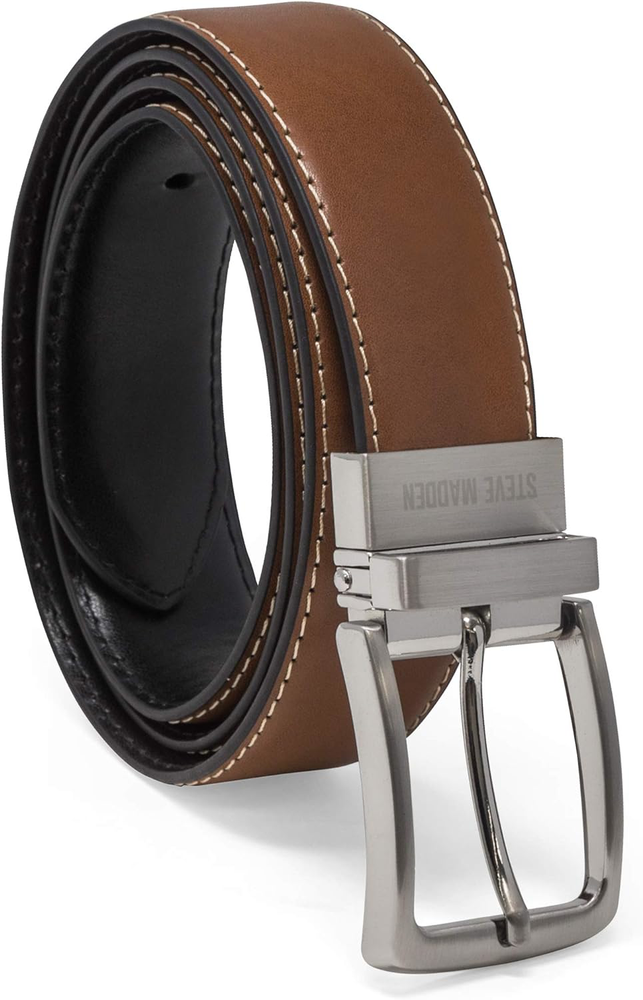 Steve Madden Men’s 40-Inch Leather Casual Belt in Cognac and Black