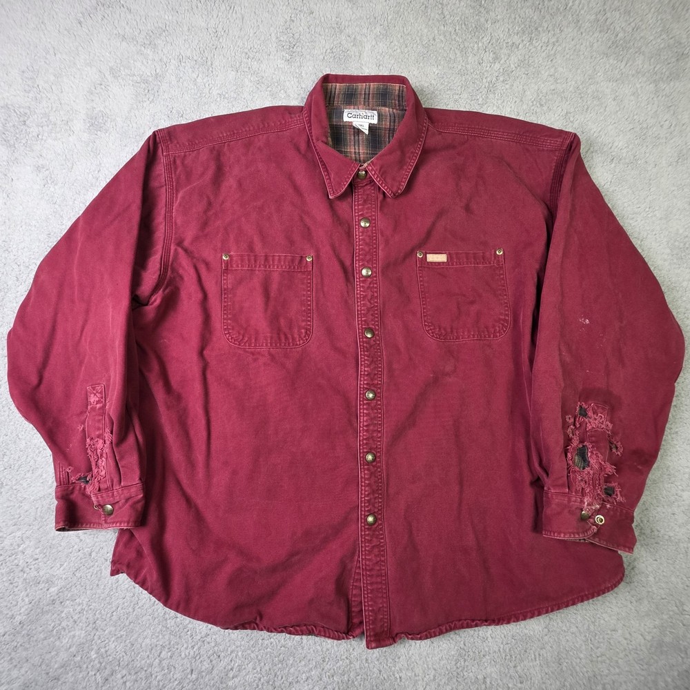 Carhartt Work Shirt Mens 3XL 30x31 Red Flannel Lined Snap Up Distressed Shacket