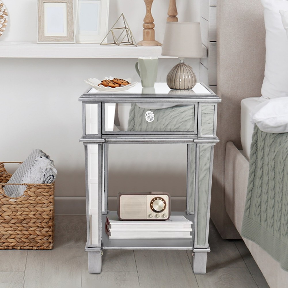 Silver Glass Mirror Side Nightstand Table with Open Shelf