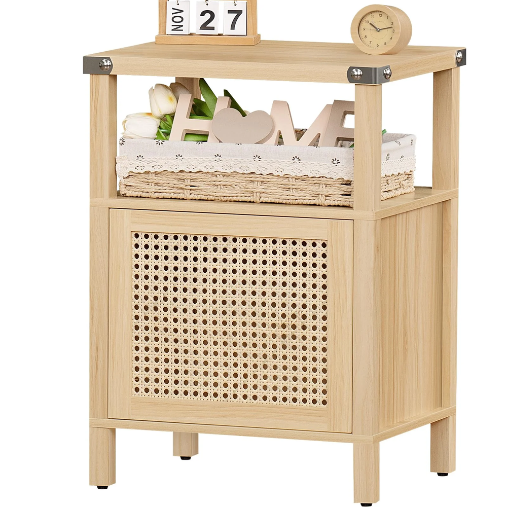 Aukfa Rattan Nightstand with Storage Cabinet for Bedroom or Living Room