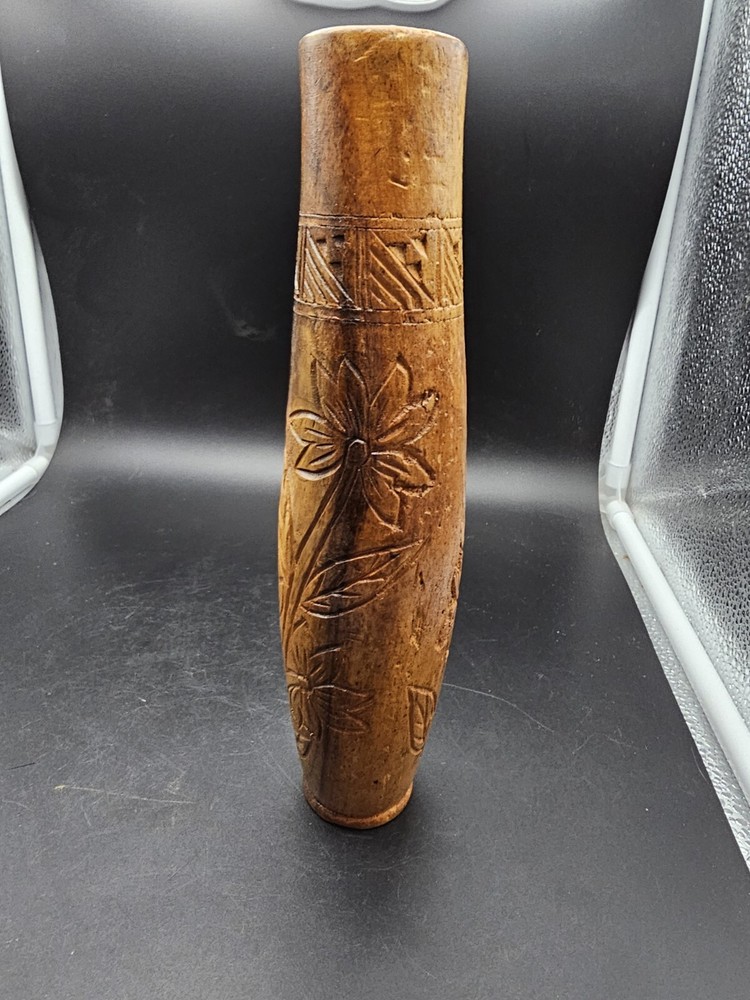 Hand Carved Etched Floral Design Wooden Vase 9.5