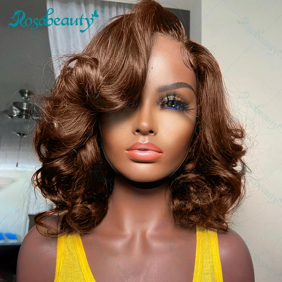Chocolate Brown Short Bob Body Wave Wig with Transparent Lace Front Brazilian Human Hair