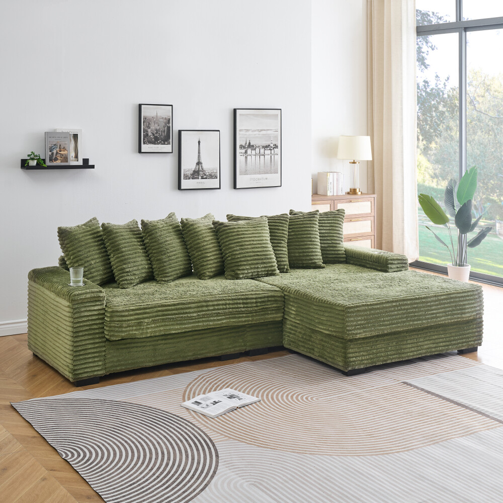 111.4-Inch Green Corduroy Sofa with Cup Holders, Lockers, and Reversible Chaise