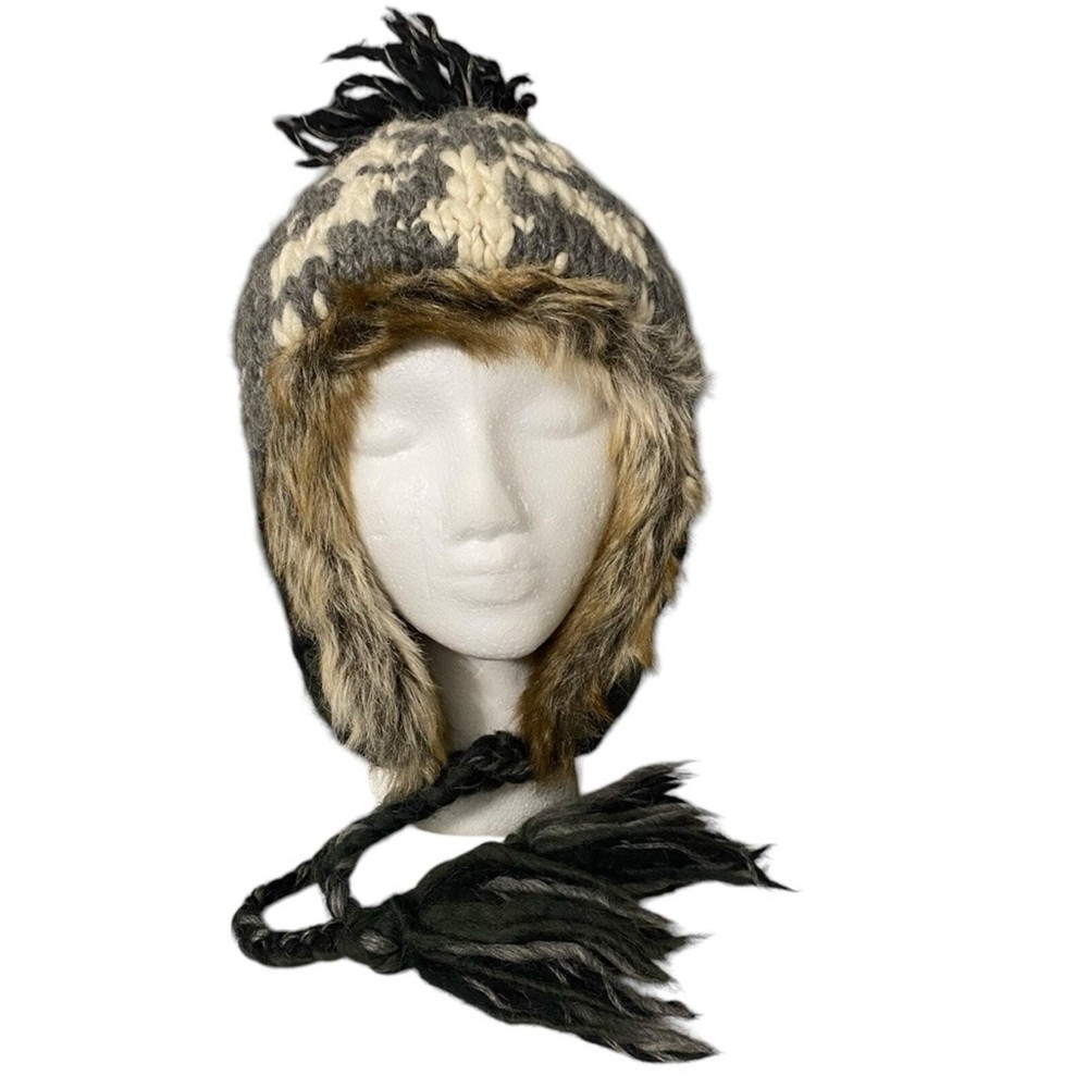 American Eagle Trapper Winter Hat Alpaca Wool Blend Ear Flap Tassels Faux Fur OS