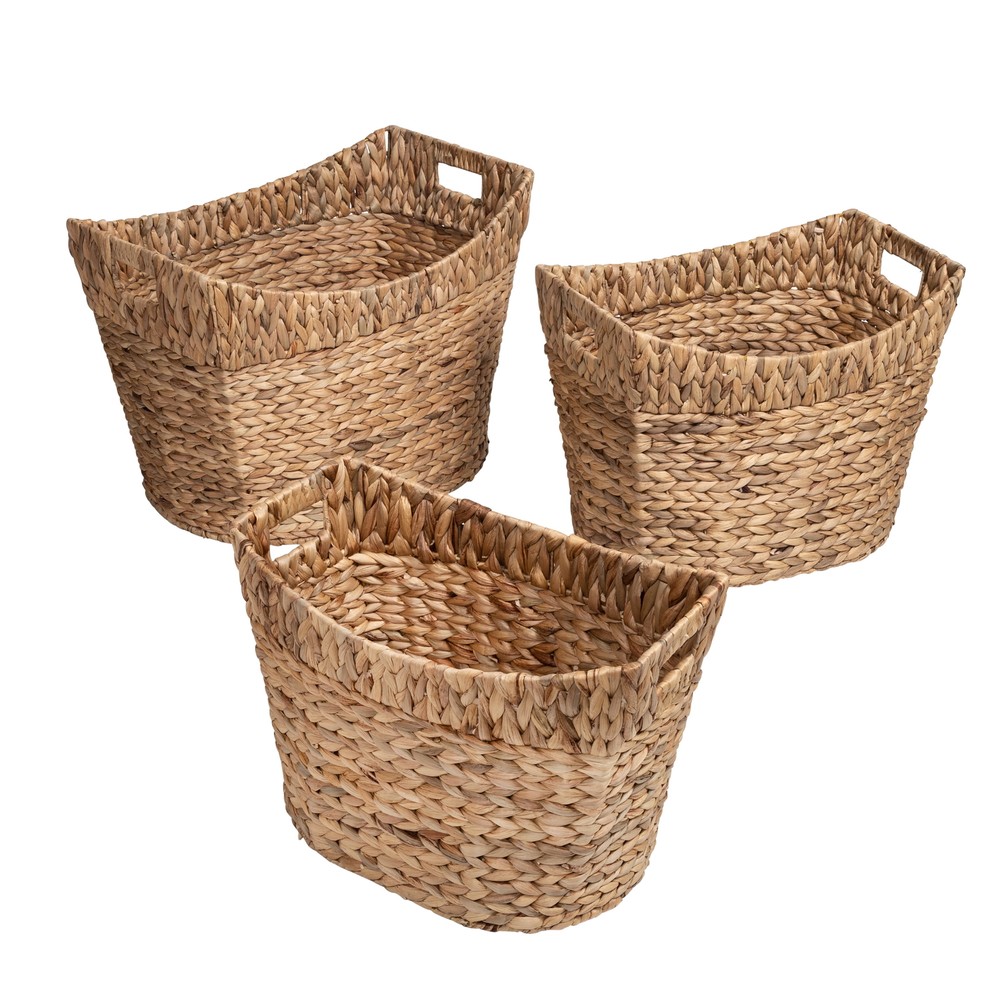 Water Hyacinth Wicker 3-Piece Nested Storage Basket Set with Handles Natural