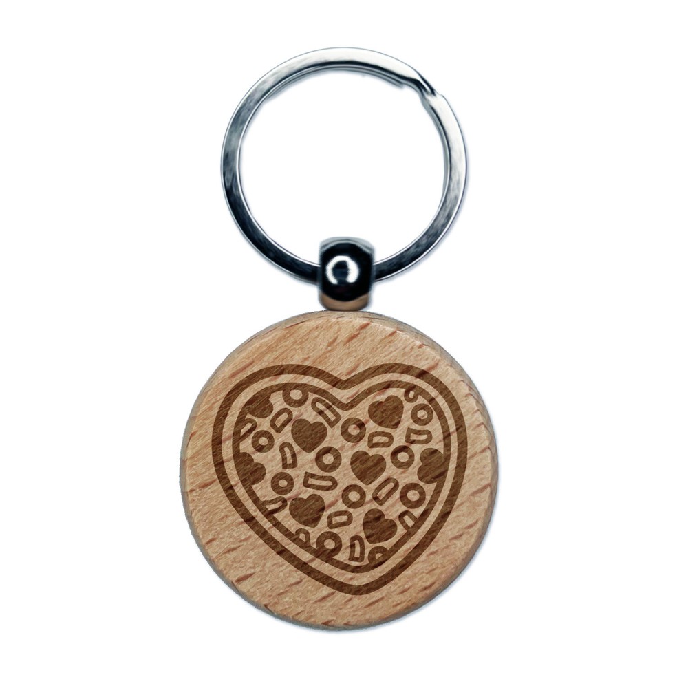 Heart Pizza Love Engraved Wood Round Keychain Tag Charm