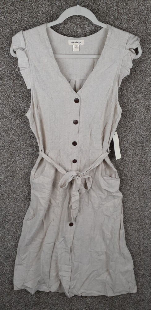 Monteau Linen Blend Midi Dress Womens L Beige Button Front Ruffle Boho NWT