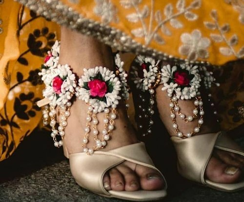 White Payal Flower ,Haldi,Mayon Ceremony Jewel Sangeet Wedding Bridal Anklets-image