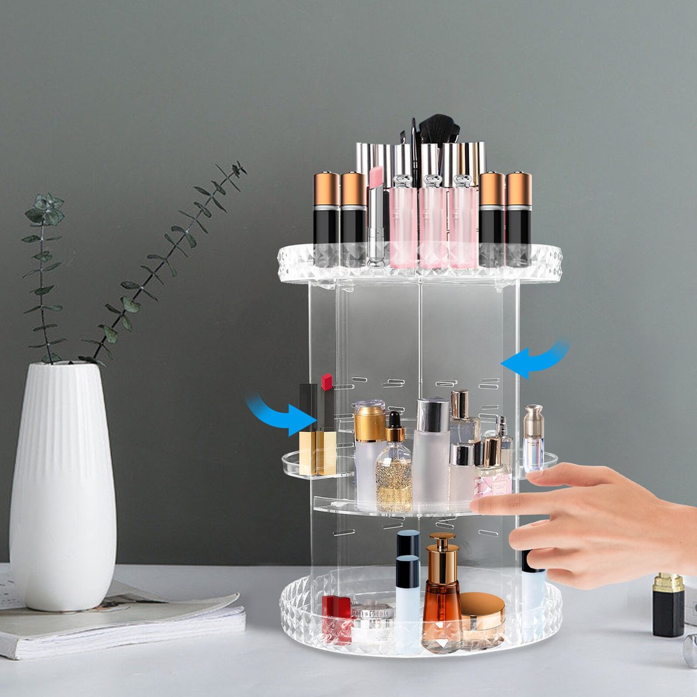 360-Degree Rotating Makeup Organizer with Plastic Shelves for Cosmetics