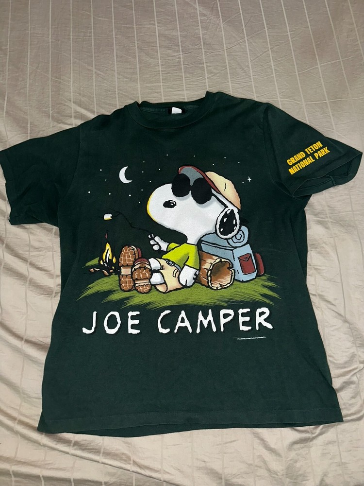 Snoopy Joe Camper Vintage Green Double-Side Peanuts T-Shirt Made in USA Large Teton