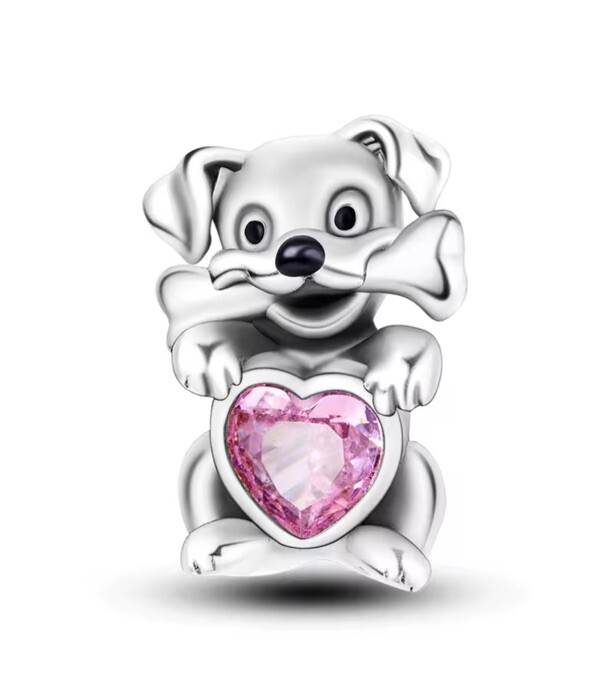 Dog Charm Bead - 925 Sterling Silver Puppy & Pink Heart for Pet Lover Bracelet